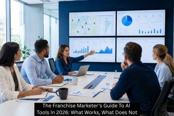 Franchise marketing team reviewing AI tool performance dashboards across multiple locations in 2026