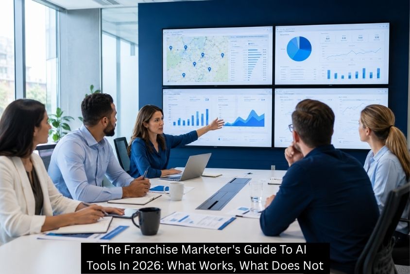 Franchise marketing team reviewing AI tool performance dashboards across multiple locations in 2026
