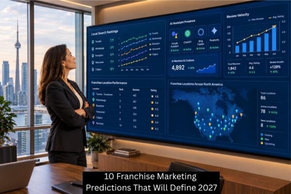 Franchise marketing executive reviewing AI search data and local ranking predictions on a digital dashboard in a modern Toronto office